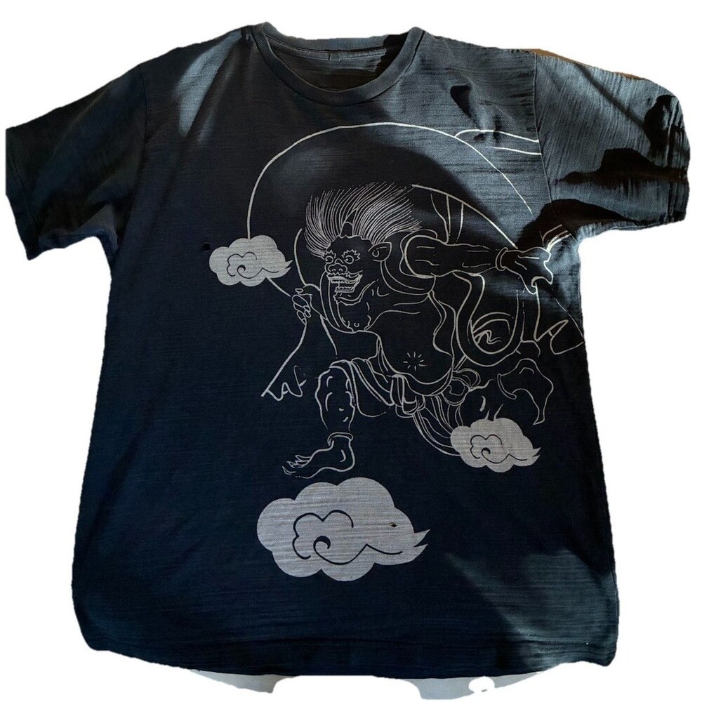 Vintage Japanese Men's Black Oni Graphic Print Crew Neck Short Sleeve T-Shirt XL